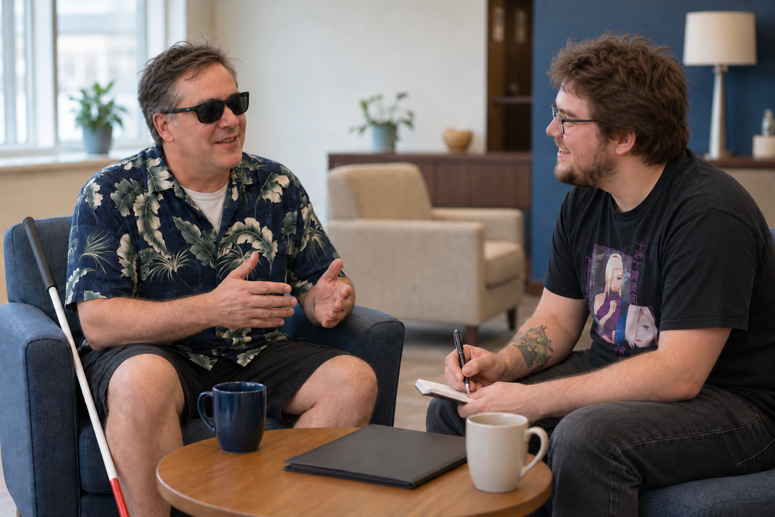 Two men talking while seated at a table, with one taking notes.